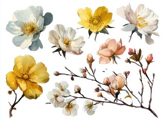 Fototapeta premium Watercolor Illustrations of Dog Rose Flowers and Branches on White Background, Top Down View, Realistic Style, Isolated Elements