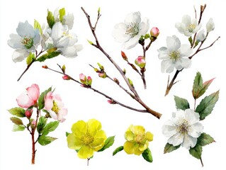 Obraz premium Watercolor floral elements isolated on white background featuring spring blossoms branches buds in a delicate artistic style