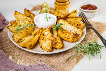 Baked new potatoes with spices and creamy sauce in a plate on a white table