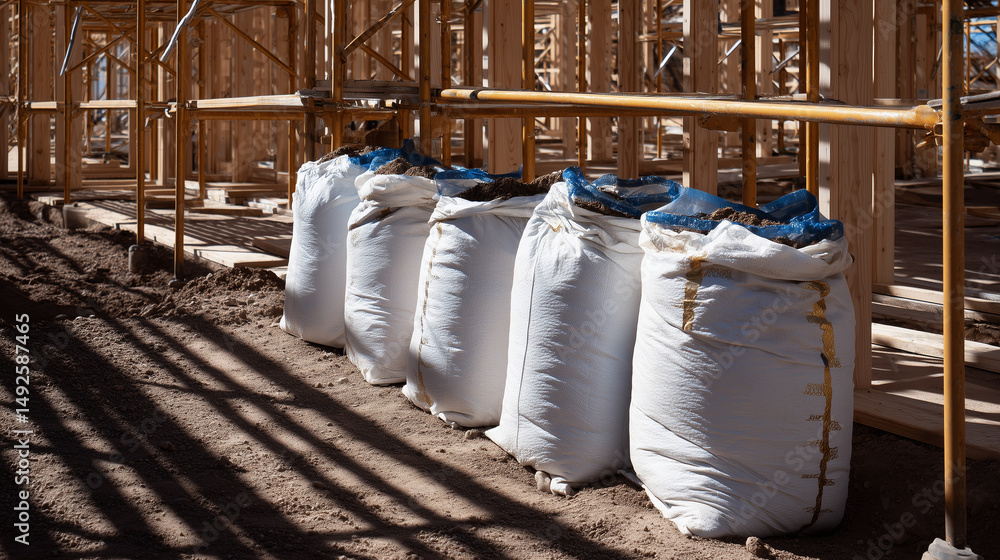 Poster sunlight filtering through scaffolding onto white soil bags placed on the dry ground, marking the ou
