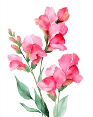 Watercolor Painting of Pink Sweet Pea Flowers Blooming on White Background Artistic Floral Illustration