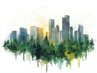 Obraz premium Watercolor City Skyline Emerging from Lush Forest at Sunset