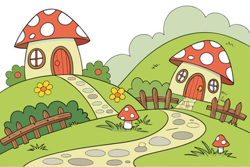 Fototapeta premium 182 whimsical, cartoon-style fantasy landscape, lush green hills, colorful mushroom houses, red-capped toadstools, vibrant flowers, stone path, wooden fence, stylized, vivid, magical, fairytale, digit