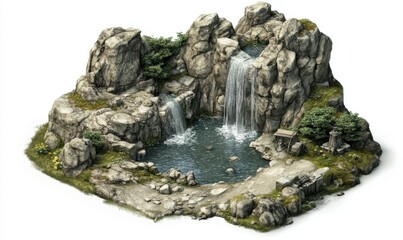 Mountain waterfall pool landscape; serene nature scene; game asset