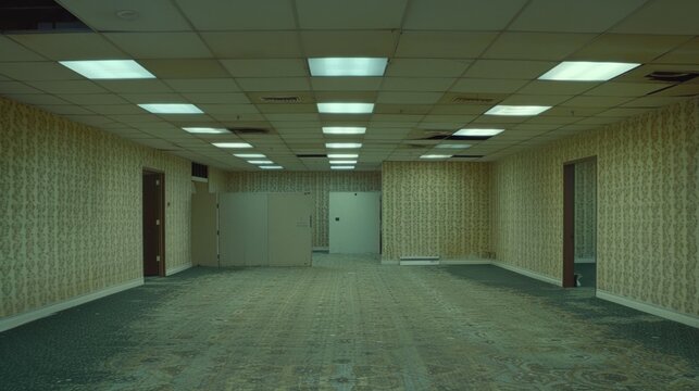 Backrooms creepy three dimensional design. Liminal space  abstract interior. Alone in abandoned building 3d render illustration, nightmare or a bad dream. Game concept