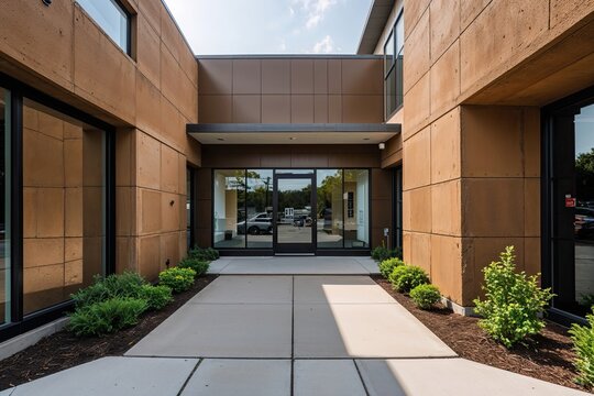 Modern Architectural Exterior of Small Business Building with Brown Concrete Walls at an Angle View