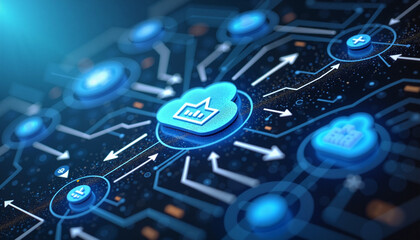 Cloud computing diagram showing data process, digital workflow