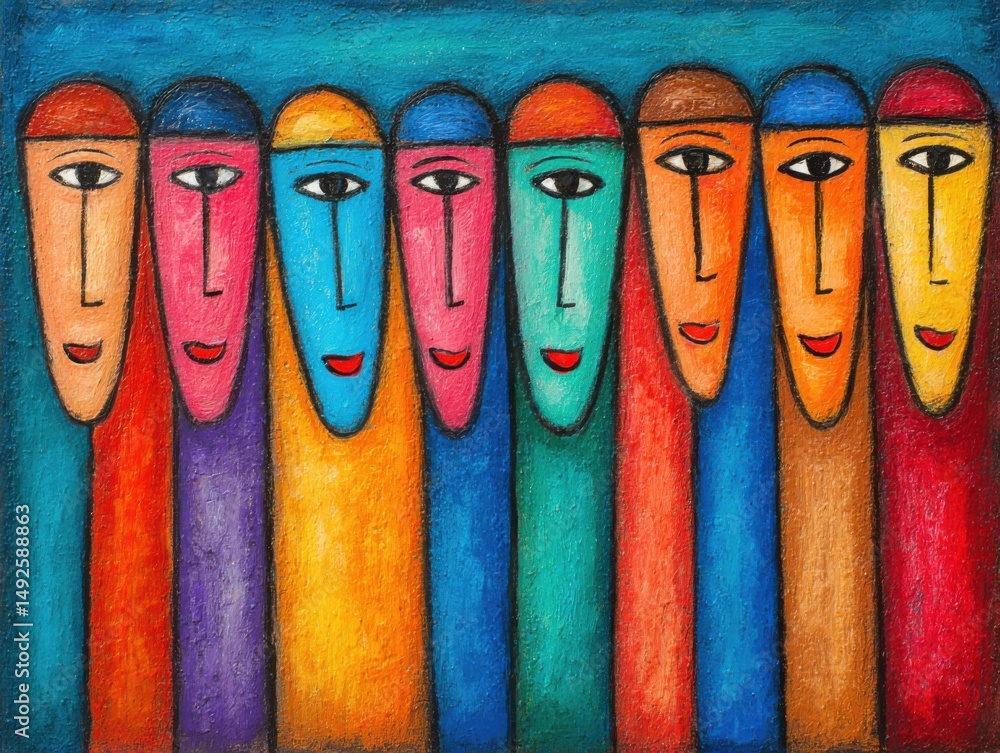 Poster colorful crowd of faces in abstract painting style artistic expression of diversity and community in