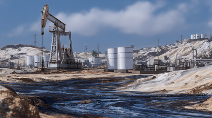 Obraz premium Oil production site showing dark slicks on the sand beneath machinery, with storage drums and connecting pipes in view