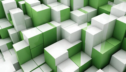 Abstract 3D green cubes form a building block puzzle concept with a subtle reflection of success