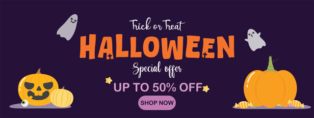 Halloween sale banner. Trick or treat party invitation concept background. Holiday design with candy, pumpkin, ghost, lettering font text. Vector illustration flat design.