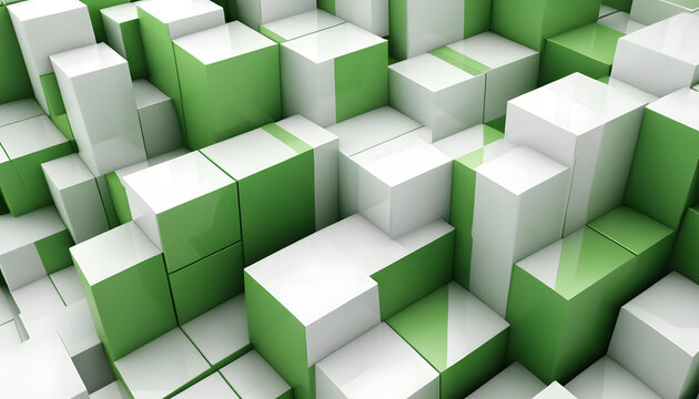 Fototapeta Abstract 3D green cubes form a building block puzzle concept with a subtle reflection of success