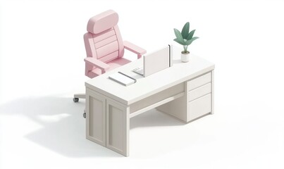Pink chair at minimalist desk, plant, white background; office workspace illustration
