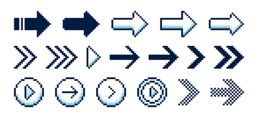 Set of pixel art arrow icons. Pixelated arrows for navigation, interface, or video game design. Vector illustration