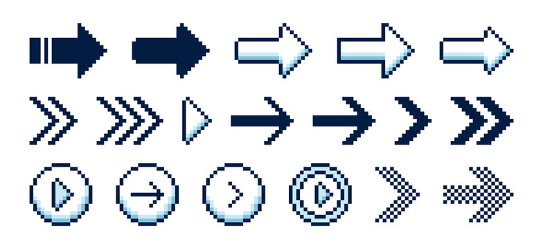 Set of pixel art arrow icons. Pixelated arrows for navigation, interface, or video game design. Vector illustration