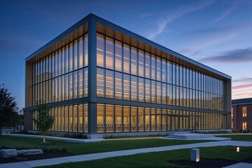 Obraz premium Contemporary Library Design Featuring Large Windows Illuminated by Twilight Sky