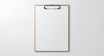 Clipboard with blank paper clipped on, lying flat on clean white surface
