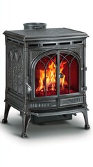 Ornate cast iron wood burning stove with flames visible through glass doors studio shot on white