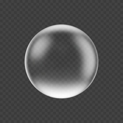 Realistic 3d glass bubble illustration with smooth edges and subtle reflections. Clear and glossy white transparent water or soap ball icon. Vector crystal transparency drop isolated dark background