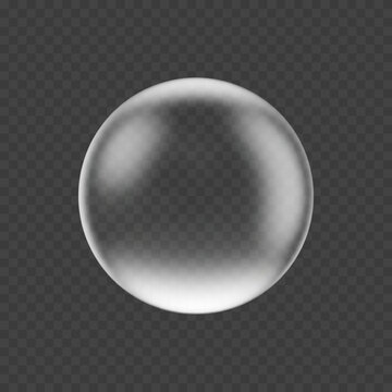 Realistic 3d glass bubble illustration with smooth edges and subtle reflections. Clear and glossy white transparent water or soap ball icon. Vector crystal transparency drop isolated dark background
