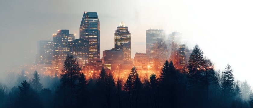 Montreal Skyline at Dusk with Forest Foreground and Foggy Atmosphere Landscape View of City Lights and Trees - Powered by Adobe
