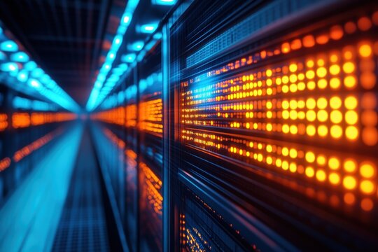Futuristic server room with glowing panels - Powered by Adobe