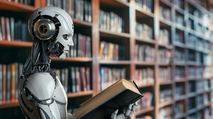 This image depicts a humanoid robot standing in a library, holding and reading an open book. The robot is designed with a sleek, futuristic appearance, featuring metallic components, wires, and joints