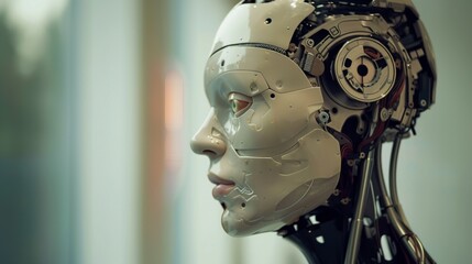 A sleek humanoid robot with advanced artificial intelligence stands in a futuristic high-tech setting, surrounded by digital interfaces and glowing data streams. The robot's design features intricate 