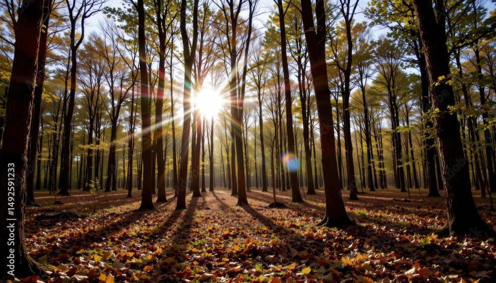Poster golden autumn forest with sunlight streaming through trees creating long shadows on ground