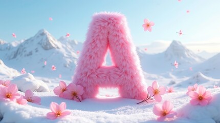 Pink furry letter A in snowy dreamscape with mountains in background ai generated