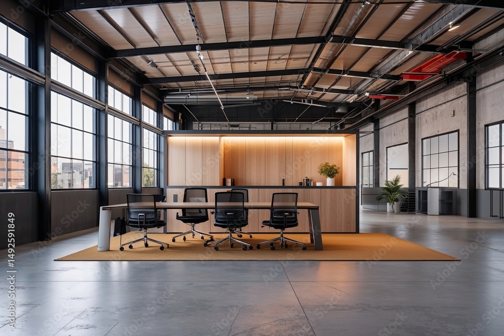 Poster modern warehouse design with efficient office space blending practicality and innovative architectur