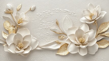 Ornate white flowers with gold accents on a textured background.