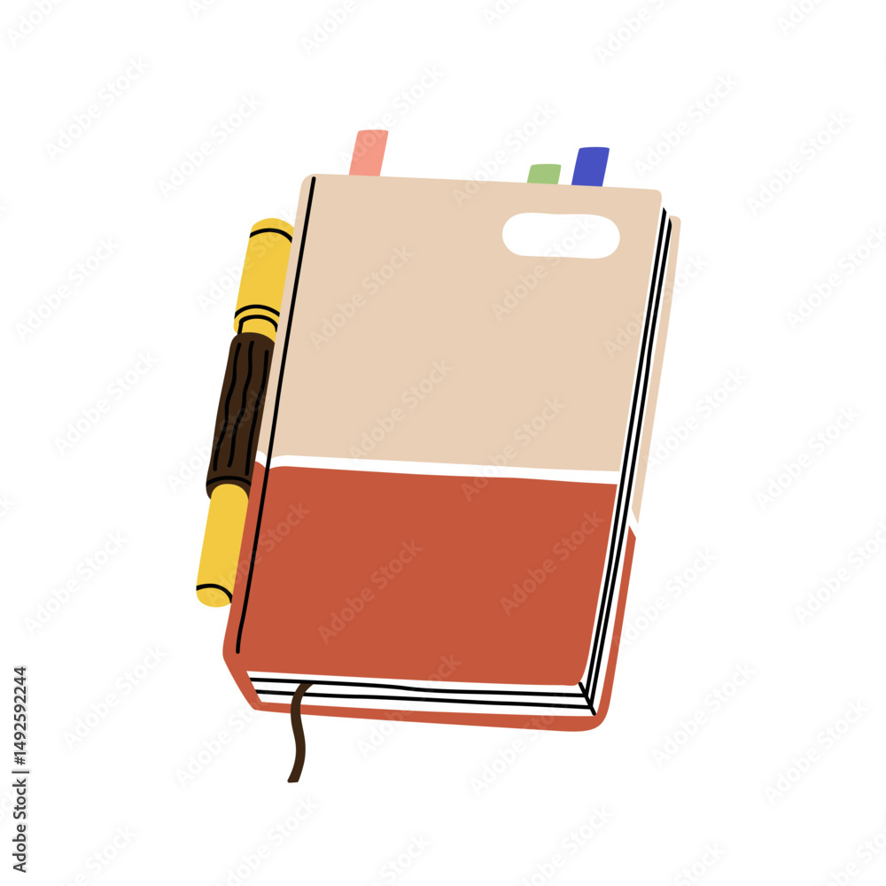 Poster notebook, business planner, office diary. paper notepad, organizer with pen, tabs and bookmarks. clo