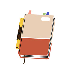 Fototapeta na wymiar Notebook, business planner, office diary. Paper notepad, organizer with pen, tabs and bookmarks. Closed journal for work planning, note taking. Flat vector illustration isolated on white background