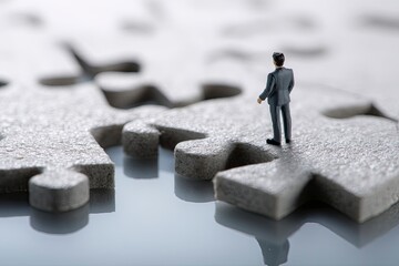 Businessman on Jigsaw Puzzle: A Contemplative Minimalist Scene