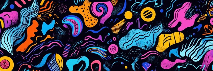 Vibrant abstract graffiti art with bold colors and dynamic shapes showcasing a fusion of creativity and urban expression against a dark background. Pattern Memphis 80s-90s style