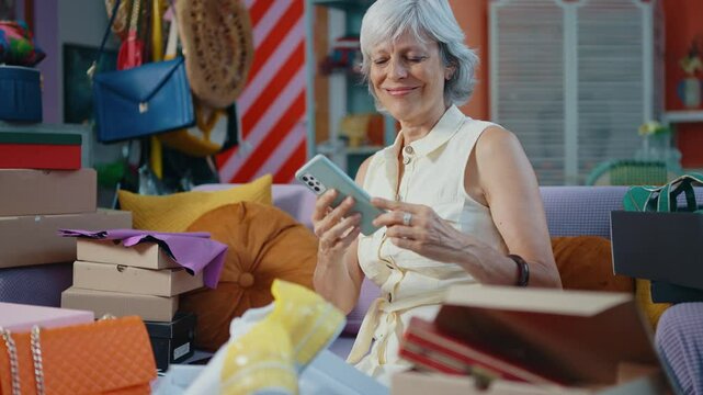 Senior entrepreneur woman with an online clothes reselling business. Startup small business owner working in warehouse, checking clothes before shipping