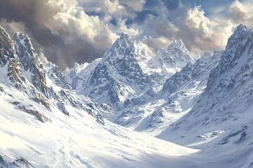 Majestic snow-capped mountains rising under dramatic cloudy sky