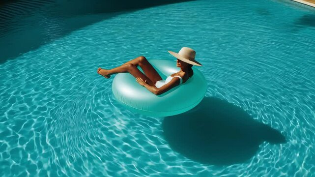Top view young sexy woman slim body wear bikini swimsuit sunglasses lies on inflatable ring hotel pool isolated on pastel blue color background. Summer vacation sea rest sun tan concept