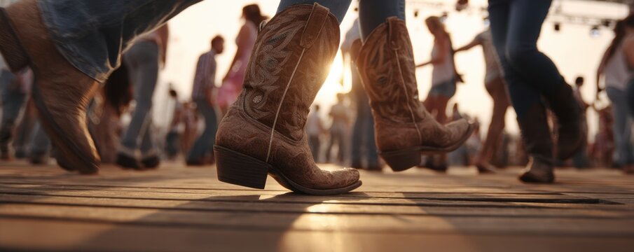 People line dancing in cowboy boots outdoors