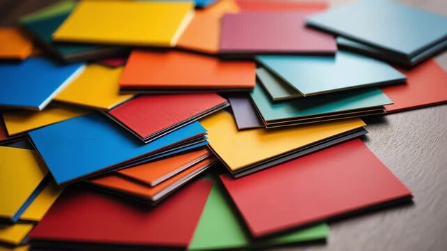 colorful square tiles piled randomly on a wooden surface, creating a vibrant and textured background