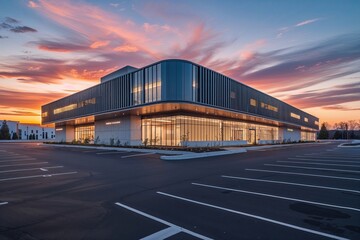 Obraz premium Modern Futuristic Commercial Architecture with Stunning Sunset Views and Empty Parking Lot