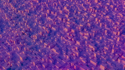 Abstract cityscape composed of countless small cubic structures in shades of purple, creating a vibrant, geometric pattern resembling a futuristic urban landscape without noticeable text