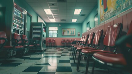 Fototapeta premium Hospital Backrooms creepy three dimensional design. Liminal space abstract interior. Alone in abandoned building 3d render illustration, nightmare or a bad dream. Game concept