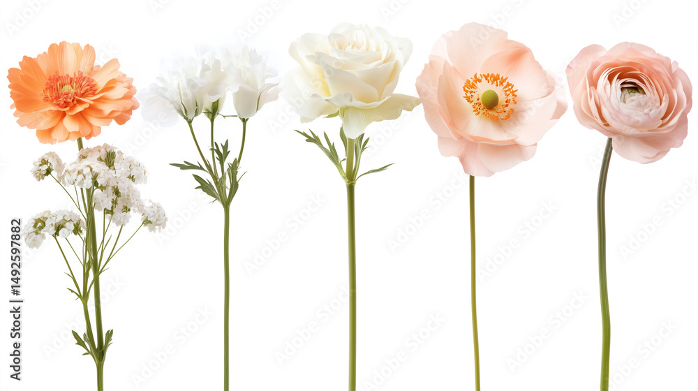 Poster collection of delicate flowers displaying various colors and types on a white background