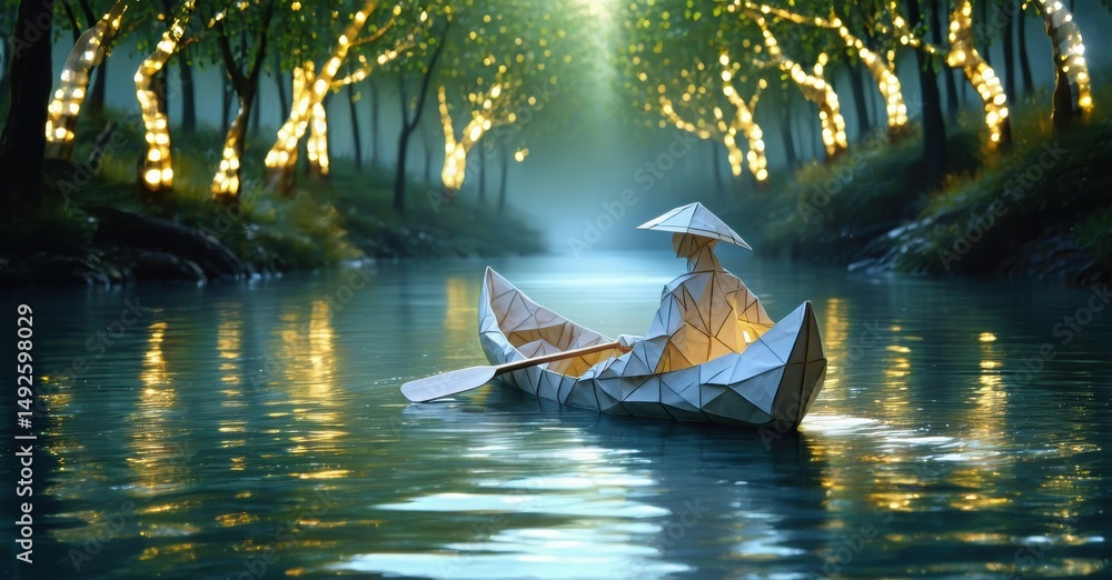 Poster Paper boat floats calm water. Forest glows softly. Light filters through trees, creating serene atmosphere. Peaceful journey.