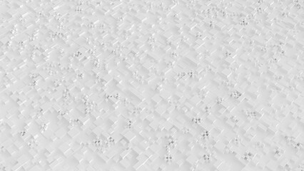 Abstract pattern with a minimalistic design, composed of overlapping, three-dimensional white squares and subtle shadows, creating a textured, geometric surface with depth and detail