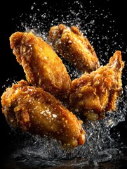 Golden crispy chicken wings splashing into water creating droplets in dark background