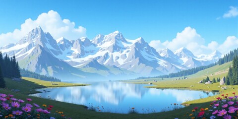 Fototapeta premium Serene Mountain Lake Landscape with Snow Capped Peaks and Wildflowers