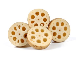Fototapeta premium Sliced Lotus Root Displayed on White Surface Showing Texture and Details